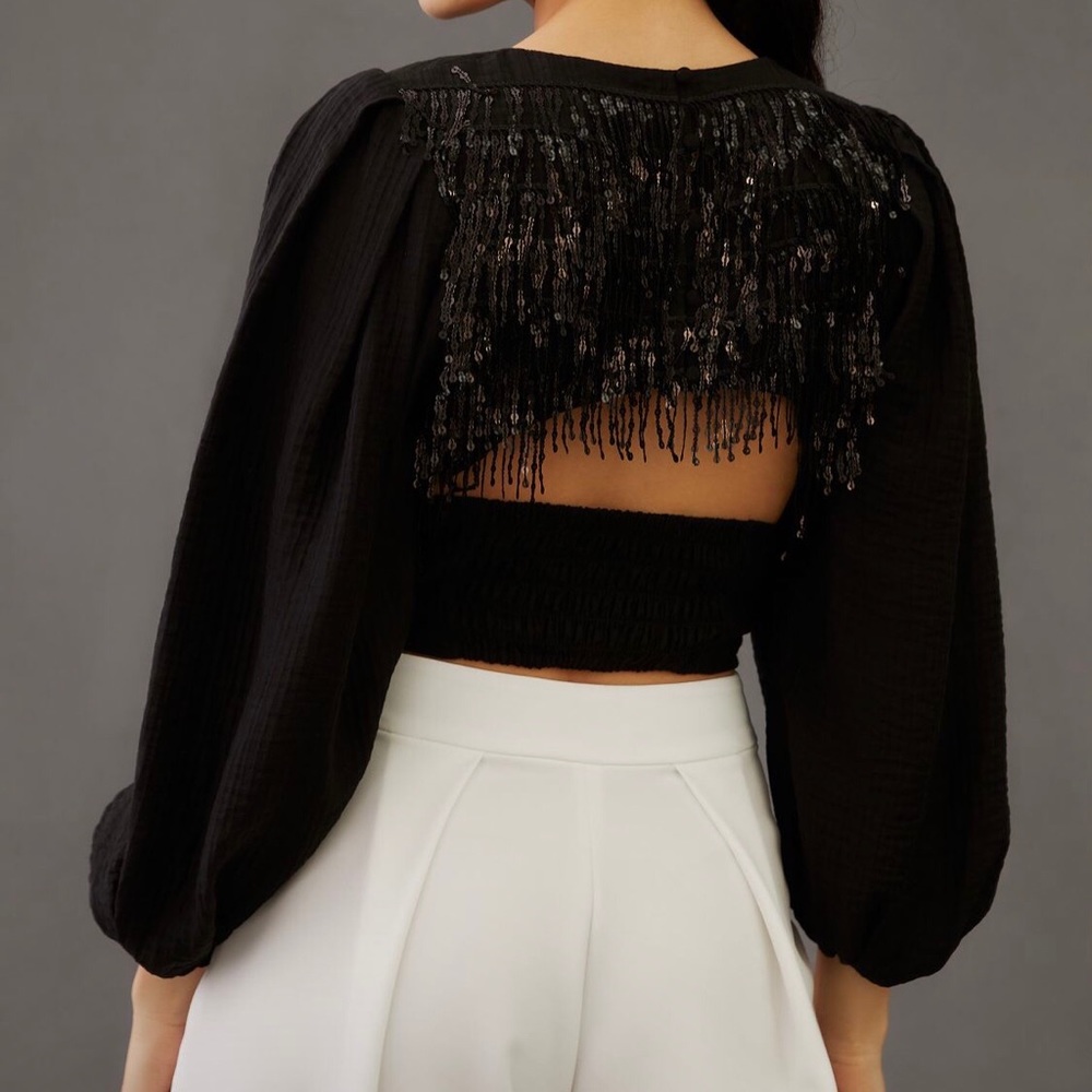 Current Air Black Sequins Open Back Puffy Balloon Sleeves Top Blouse XS